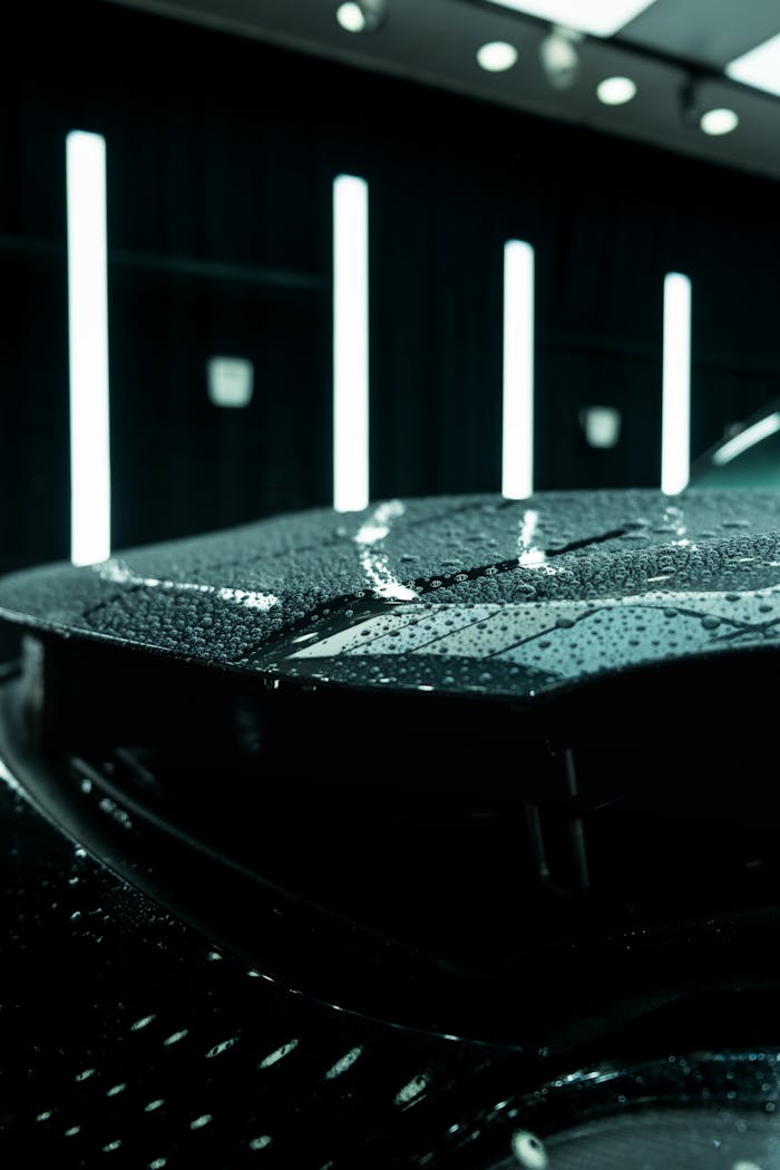 services-img Close-up of a car hood with water droplets and reflection, showcasing luxury and elegance in low light.